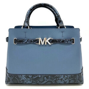 Michael Kors Large Reed Leather Belted Satchel Crossbody Bag Blue Snakeskin